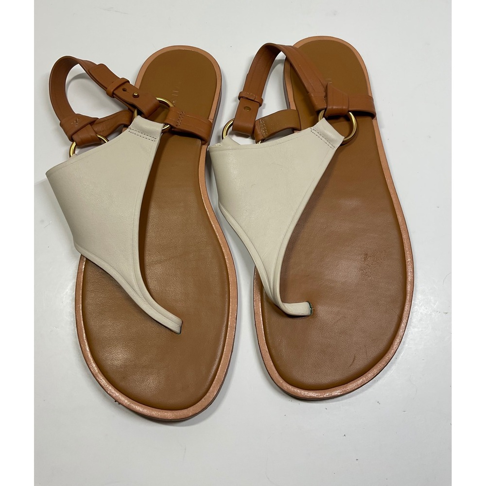Vince Women 8M Pharis Cream Brown Leather Slingback Thong Sandals  Ring Hardware